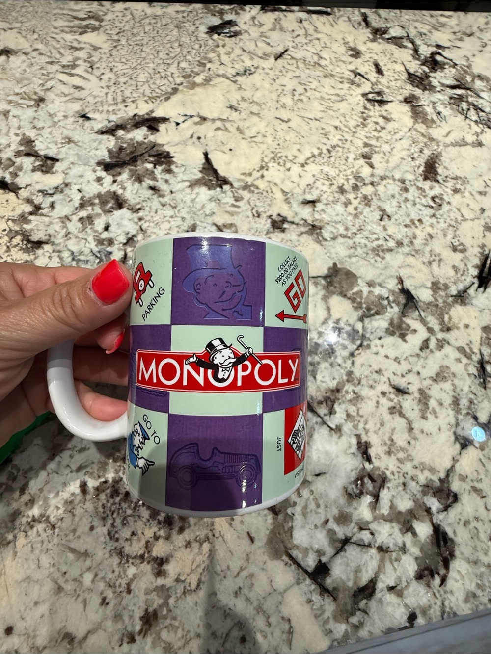Vintage Monopoly Game-Design Ceramic Mug in Purple and Mint